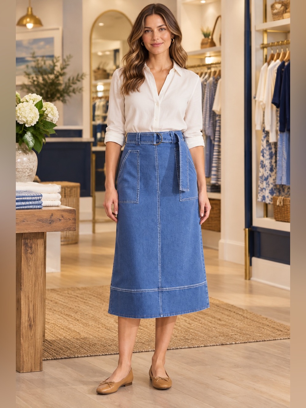 Hunter Bell Coolidge Women's Blue Midi Denim Skirt with Belt NWT 6